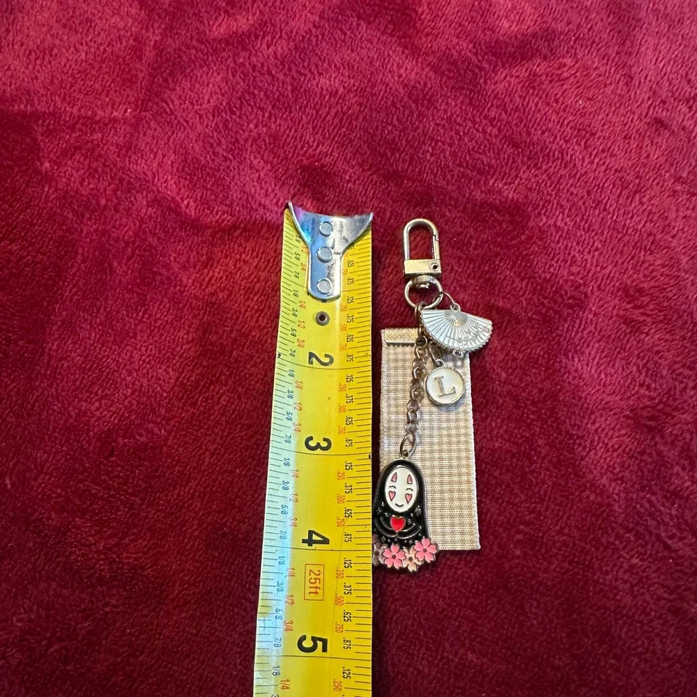 No Face Spirited Away Enamel Keychain Initial L Cherry Blossom Fan Gold Tone
